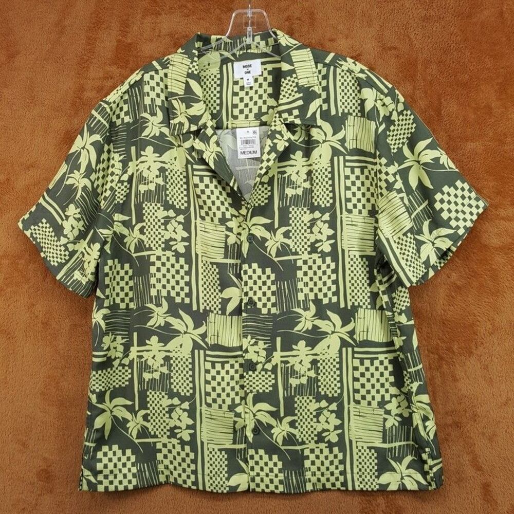 MODE OF ONE Button Camp Shirt Mens Medium Green Floral Geo Abstract Short Sleeve